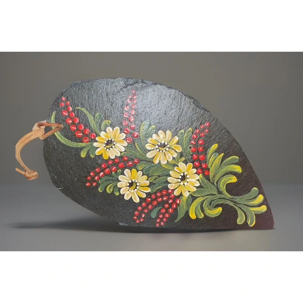 Vintage‎ Hand Painted Slate Floral Plaque Hanging Sign Painted Leather String